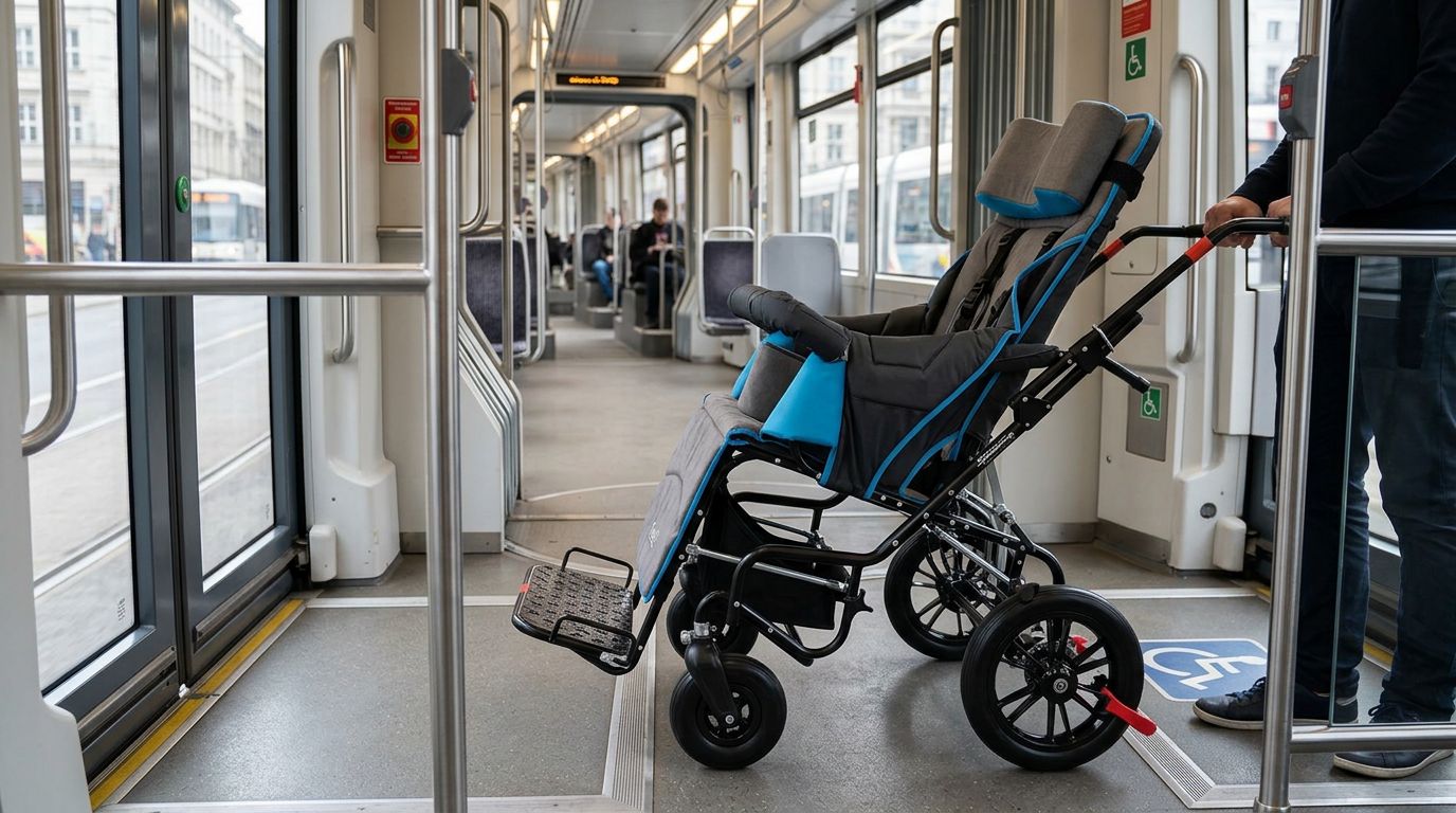 Toplu taşımaya uygun engelli puseti ile tramvay içi kullanım örneği